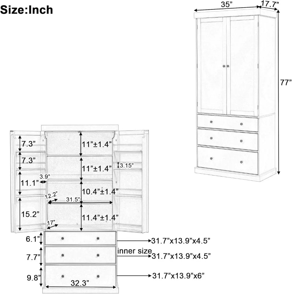 77 Inch Farmhouse Kitchen Pantry, Wood Storage Cabinet with Adjustable Shelves, Door Shelves, Drawers for Kitchen Dining Room