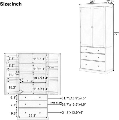77 Inch Farmhouse Kitchen Pantry, Wood Storage Cabinet with Adjustable Shelves, Door Shelves, Drawers for Kitchen Dining Room