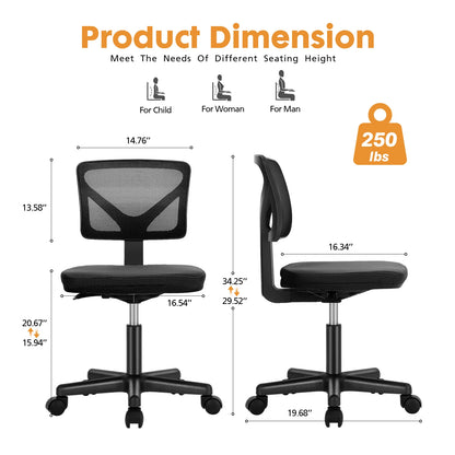 JHK Mesh Armless Office Chair With Lumbar Support And Wheels