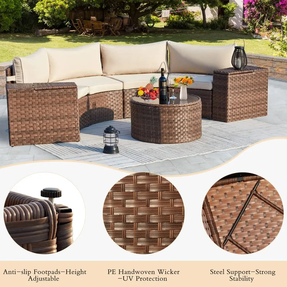 7 Piece Patio Furniture Sets, HalfMoon Circle Conversation Set, Curved Wicker Outdoor Sectional with 2 Storage Armrests and Gla