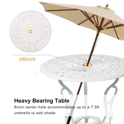 3pc Cast Aluminum Bistro Set, Rose Pattern Outdoor Garden Balcony, Rust &amp; All-Weather Resistant, White, Customized