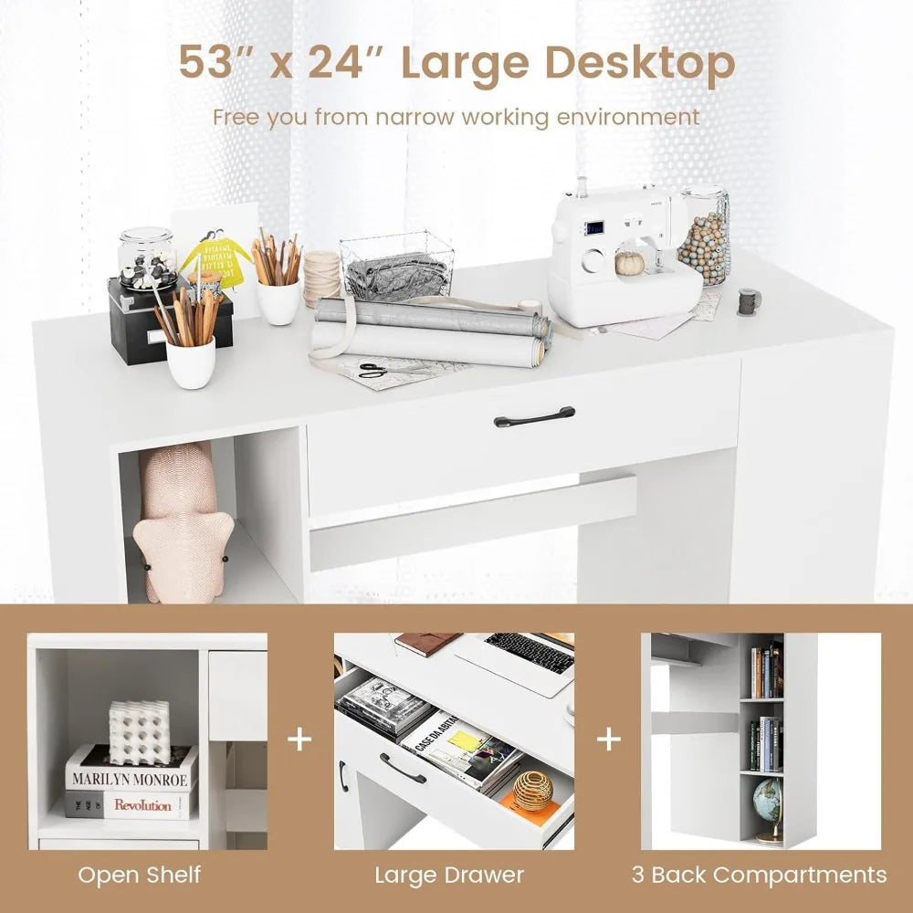 36" Adjustable Sewing Craft Table with 14 Compartments, Drawer &amp; Cabinet, White Workstation