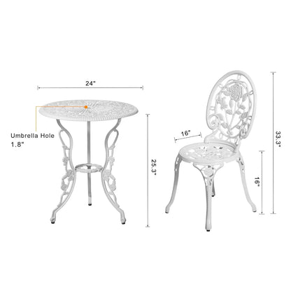 3pc Cast Aluminum Bistro Set, Rose Pattern Outdoor Garden Balcony, Rust &amp; All-Weather Resistant, White, Customized