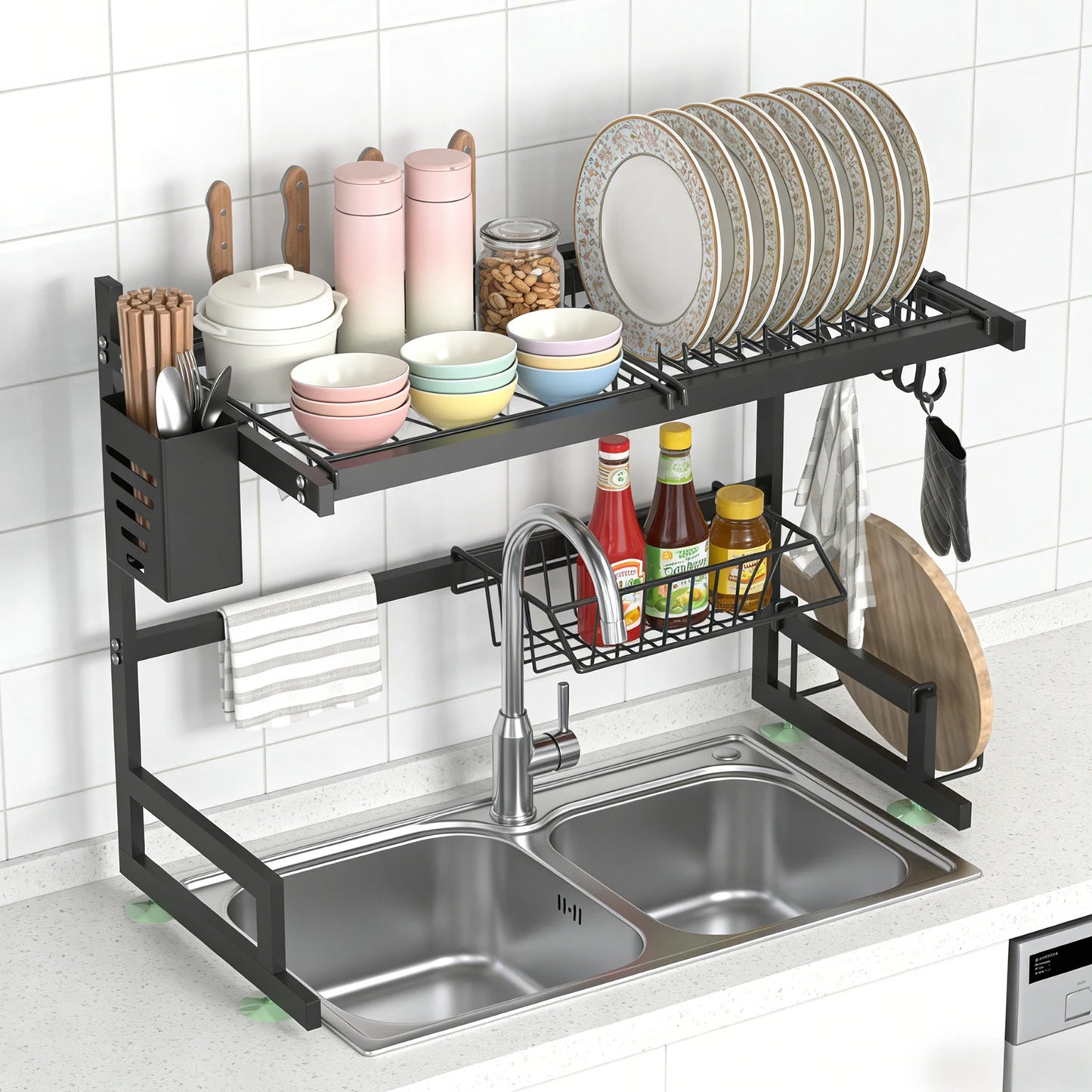 TwoTier Dish Rack Above Sink With Utensil And Knife Holder