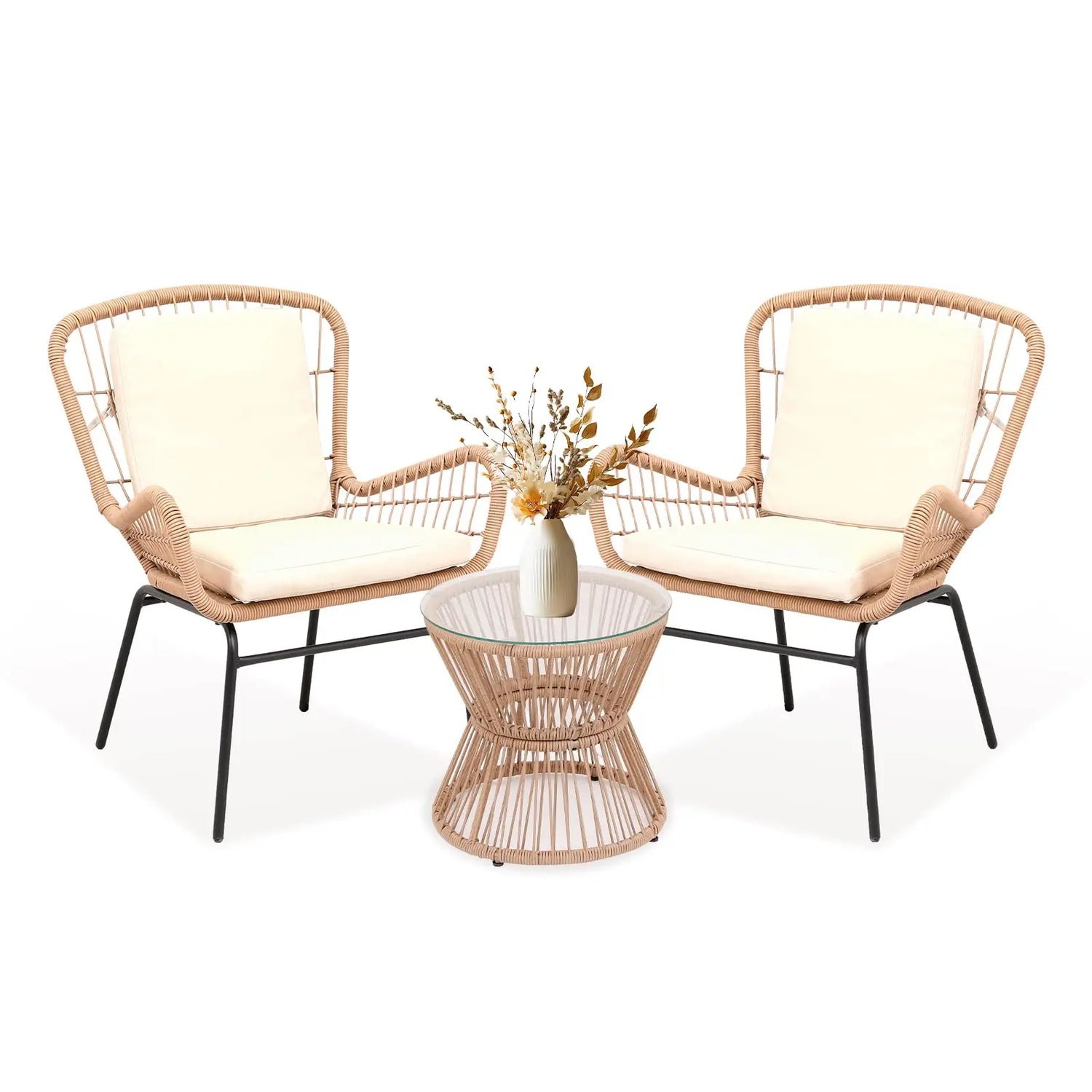 Boho 3PCS Patio Furniture Set, Outdoor PE Rattan Bistro Set With 2 Wide Cushioned Chairs &amp; Glass Table For Deck Porch Poolside