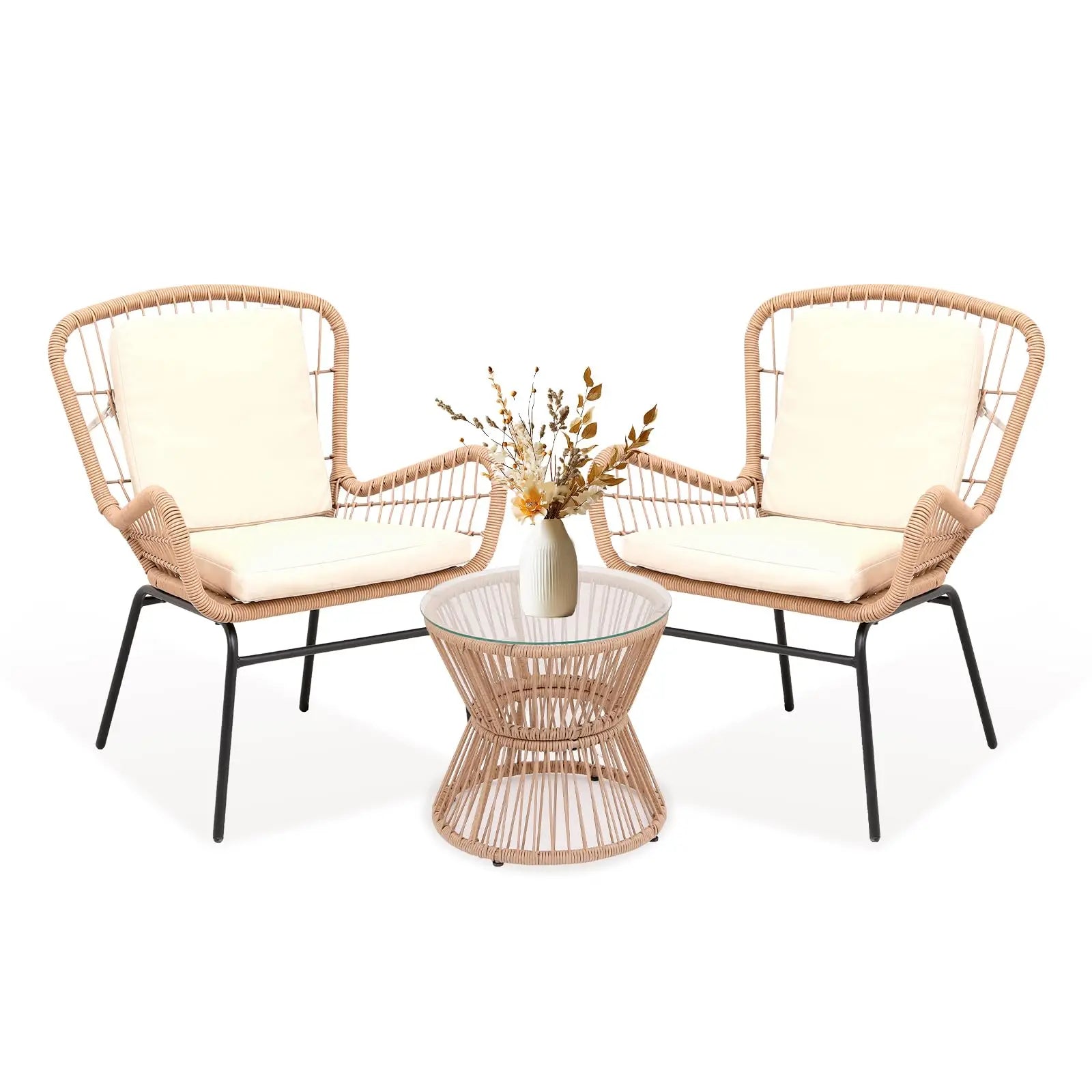 Boho 3PCS Patio Furniture Set, Outdoor PE Rattan Bistro Set With 2 Wide Cushioned Chairs &amp; Glass Table For Deck Porch Poolside