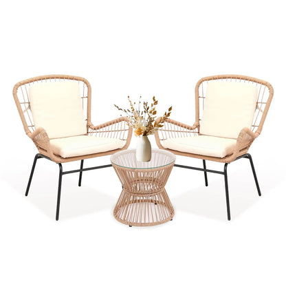 Boho 3PCS Patio Furniture Set, Outdoor PE Rattan Bistro Set With 2 Wide Cushioned Chairs &amp; Glass Table For Deck Porch Poolside