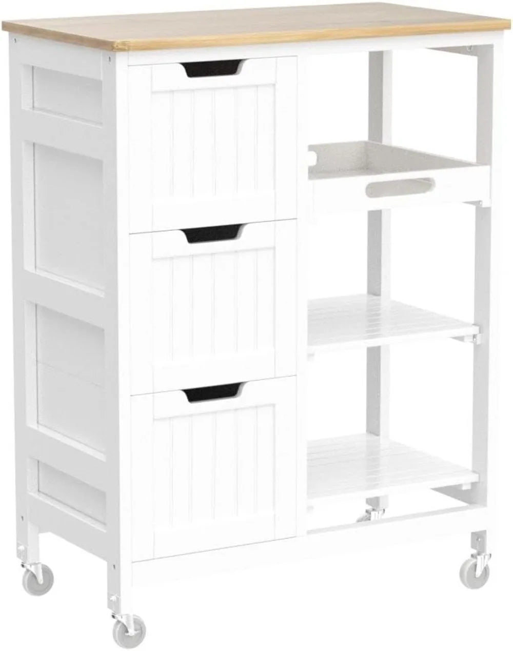 Kitchen Island Cart on Wheels, Rolling Storage Cart with Bamboo Countertop, 3 Drawers, 3 Removable Shelves &amp; Lockable Casters