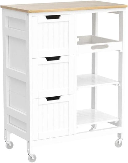 Kitchen Island Cart on Wheels, Rolling Storage Cart with Bamboo Countertop, 3 Drawers, 3 Removable Shelves &amp; Lockable Casters