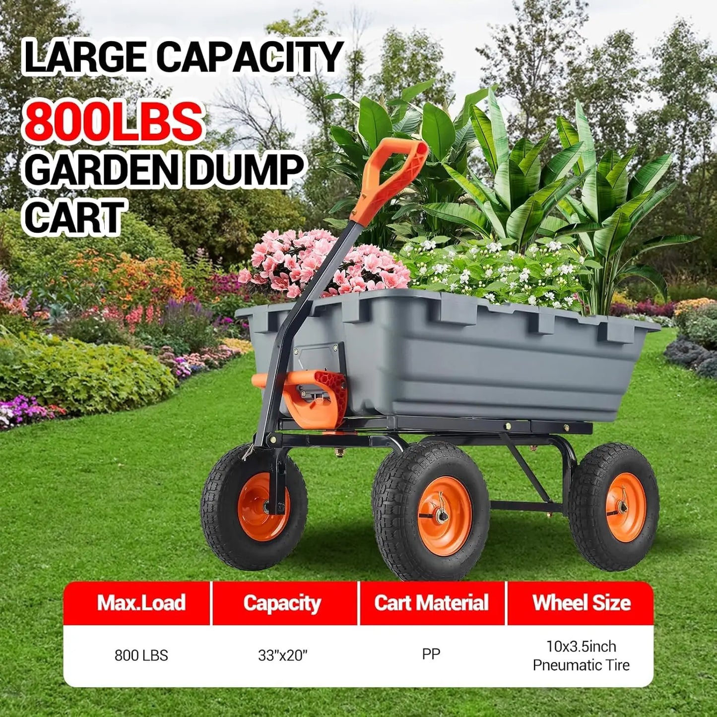 Garden Cart Poly Garden Dump Cart Versatile Dump Wagon Steel Frame Utility Dump Wagon Outdoor Wheelbarrow for Garden Yard Beach