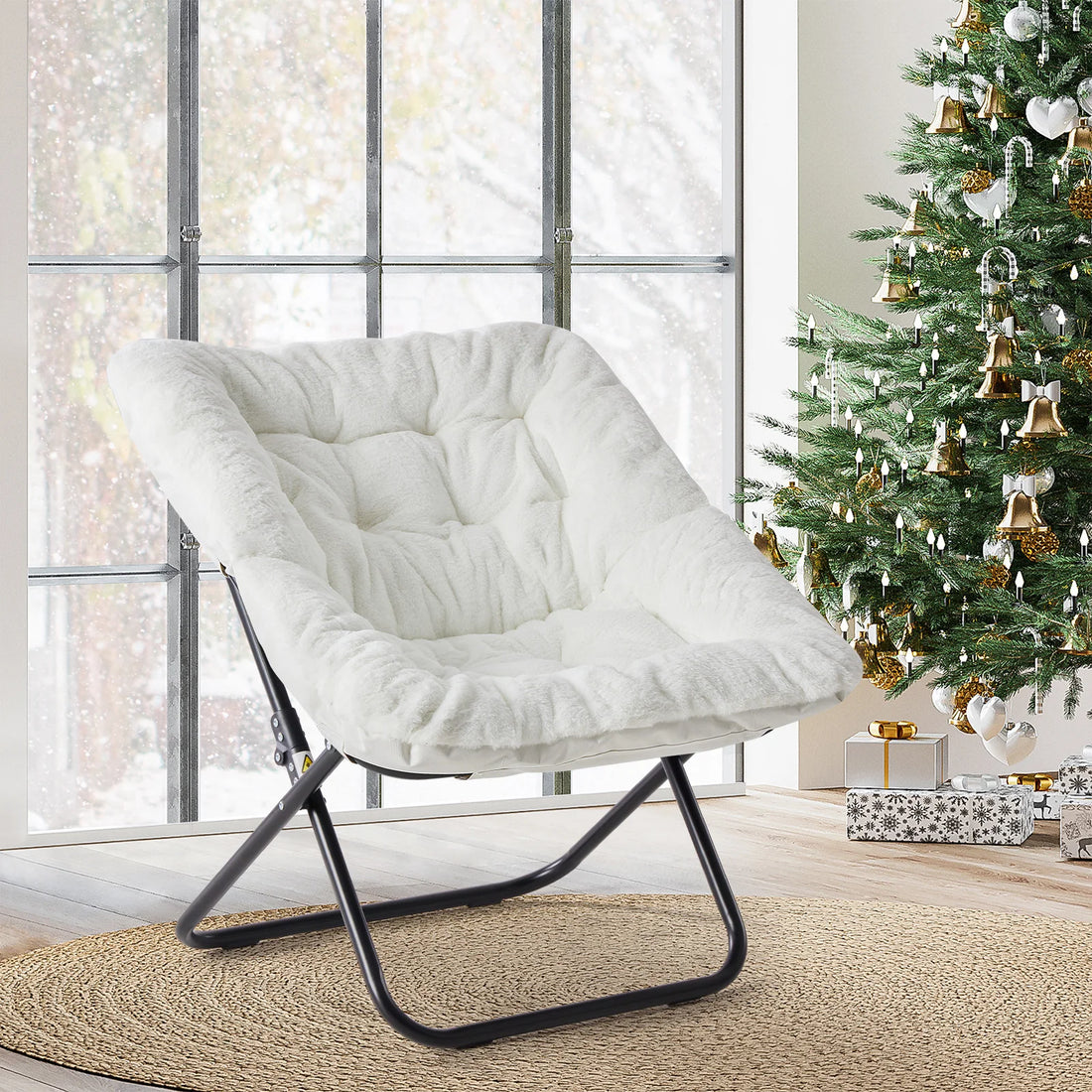 JHK Cozy Faux Fur Folding Saucer Chair With Metal Frame