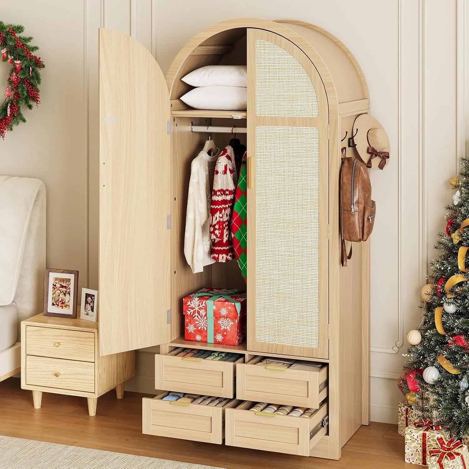 Wardrobe Closet with 4 Drawers - Wood Bedroom Armoires and Wardrobes with Rattan Doors for Hanging Clothes