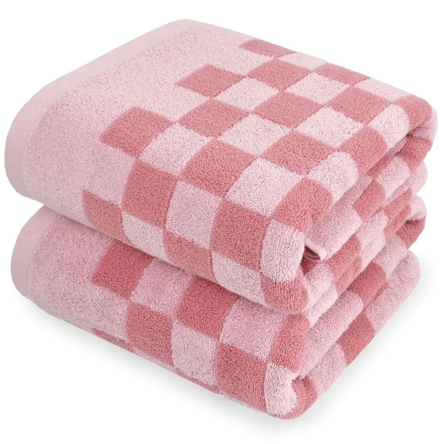 Soft Bath Towels for Bathroom Beach Pool Pink Checkered Set of 2, Quick Dry Cotton Cute Valentines Towels for Her Women Girls, 2