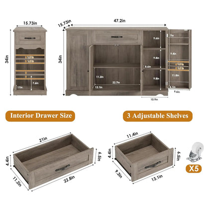 47" Rolling Kitchen Island Cart with Storage Drawers Adjustable Shelves Buffet Sideboard Dining Room Custom