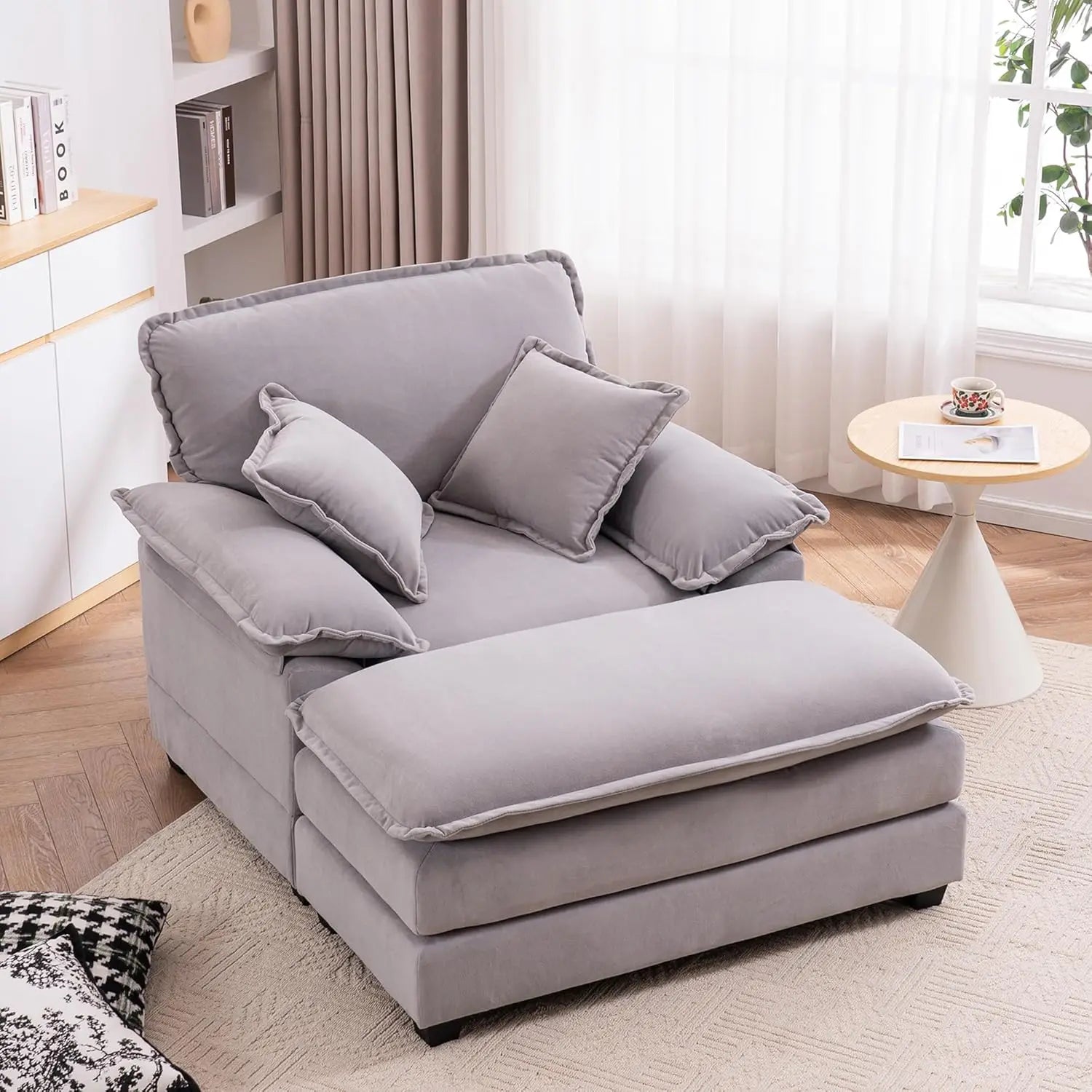 Oversized Chaise Lounge Chair with Ottoman，56.3" Indoor Velvet Deep Seat Reading Chairs,Comfort Accent Leisure Chair Set for Liv