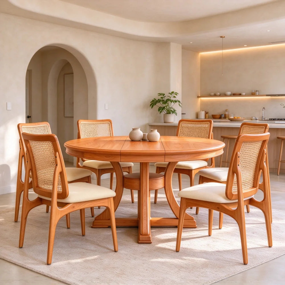 5 Piece Round Extendable Solid Wood Dining Table Set, 4 Rattan Back Chairs With Upholstered Seats, Modern Farmhouse Kitchen Dinner Furniture For Dining Room Kitchen Apartment