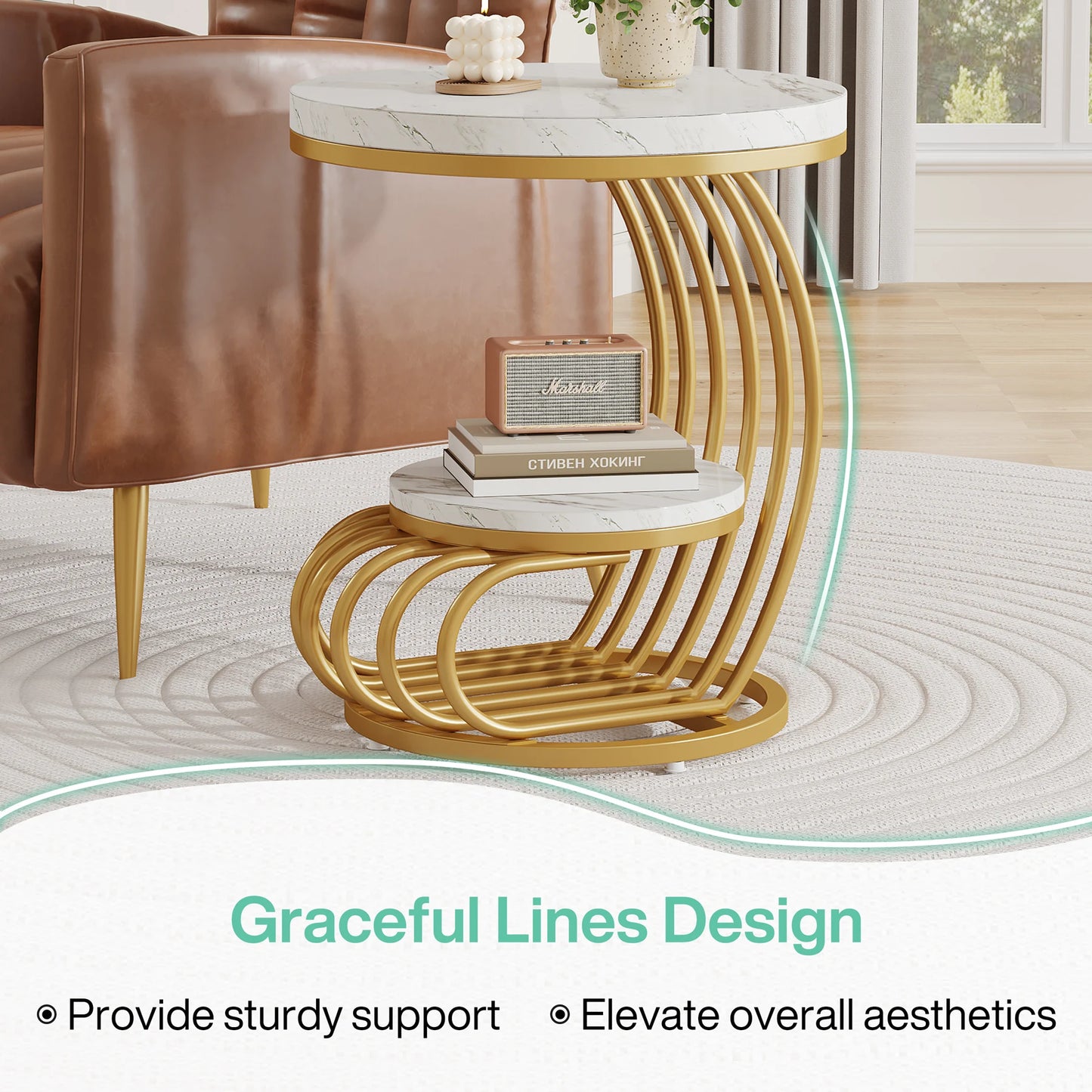 Tribesigns Round End Table With 2 Tiers Faux Marble Storage Shelf