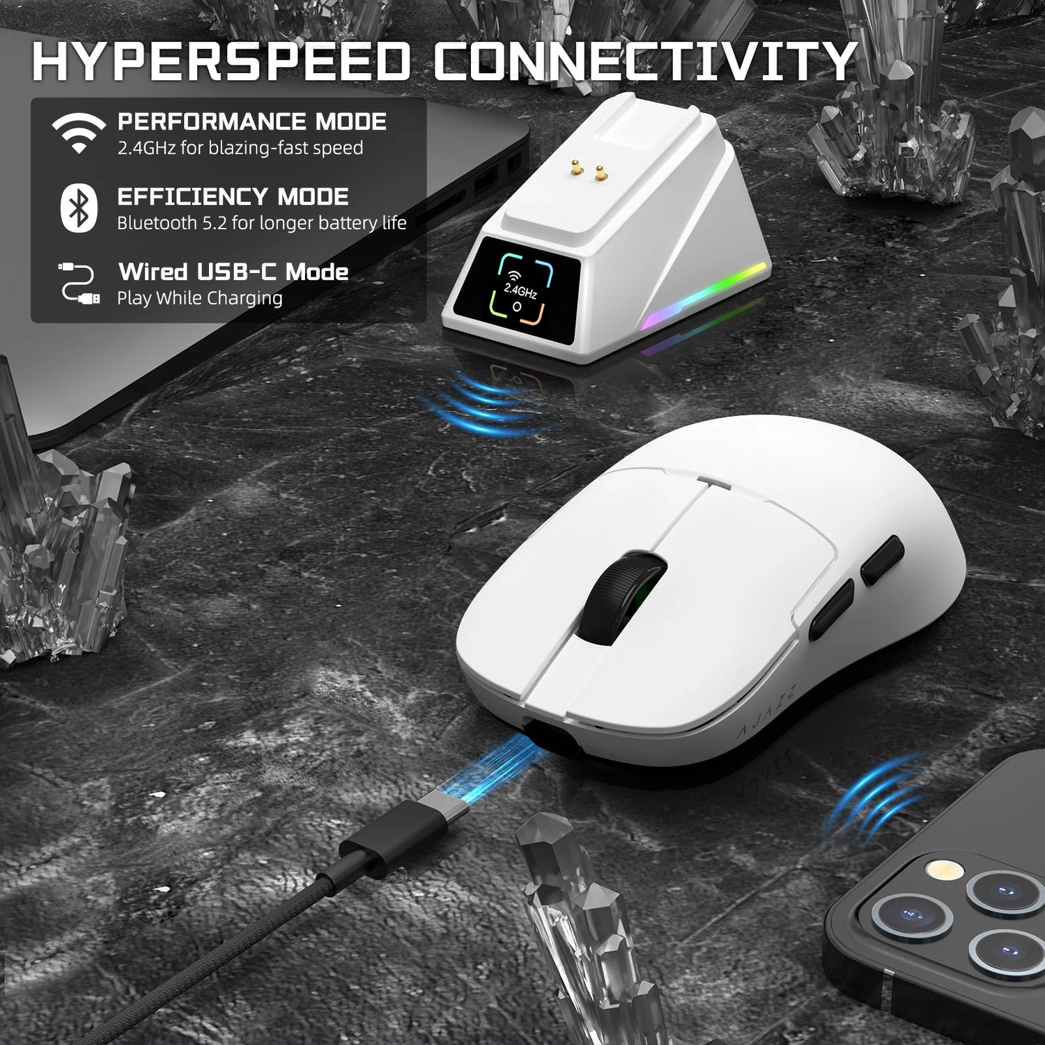 AJAZZ AJ159APEX 8Khz Wireless Gaming Mouse Ultralight Magnetic Screen Charging Dock PAW3950 BT/2.4Ghz/Type-c Wired Programmable