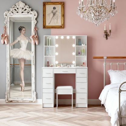 Dressing Table Vanity Makeup Desk With LED Mirror And Stool 7 Drawers &amp; 10 BulS