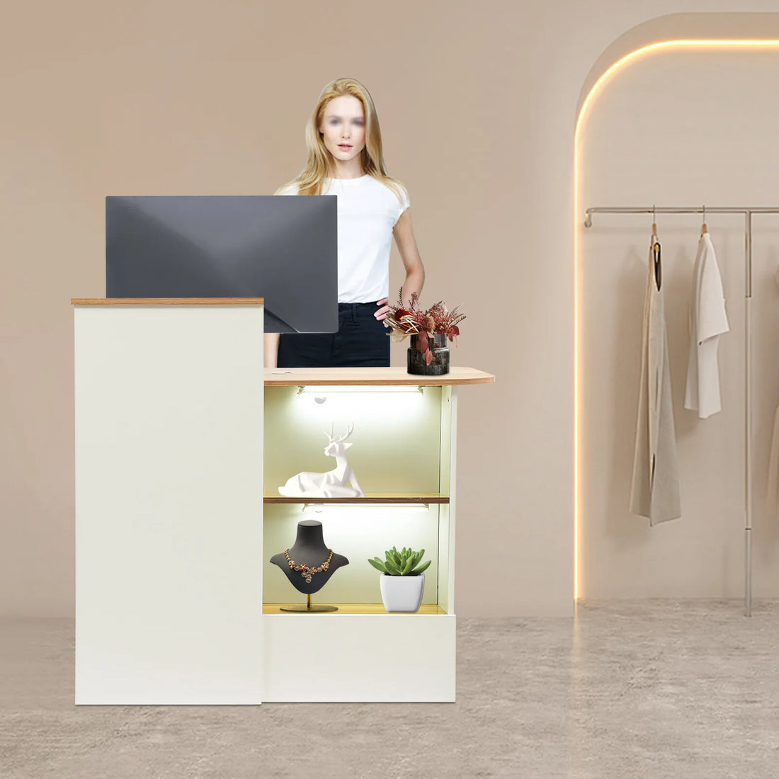 Modern Reception Desk with LED Display Shelves, Professional Welcome Counter for Corporate Lobby and Business Front Office