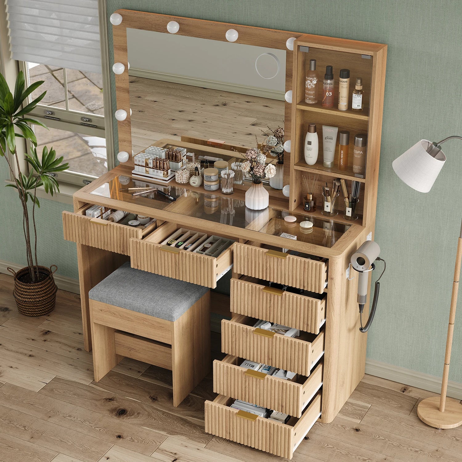 General Use Vanity Desk With LED Mirror And 7 Drawers