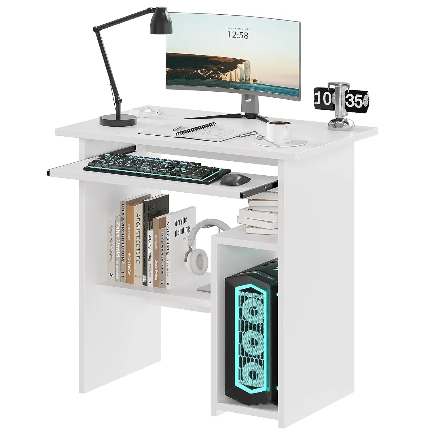 30" Small Computer Desk with Keyboard Tray Monitor Stand, Study Writing Desk with Storage Shelves, Modern Workstation for Small
