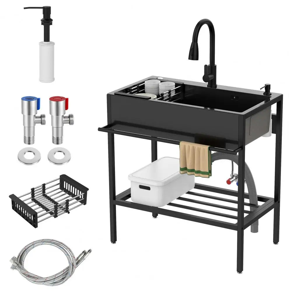 Stainless Steel bathroom Sink, Single Bowl Kitchen Sink with Cold Hot Water Faucet, Storage Shelf, Drain Kit, Free Standing Sink