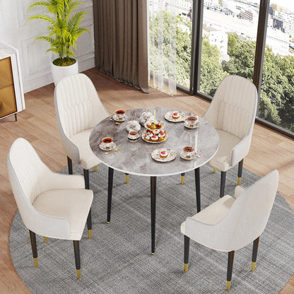 32" Sintered Stone Dining Table Round Reception Coffee Table for 2-4 Person - Small Kitchen Table with Black Metal Legs