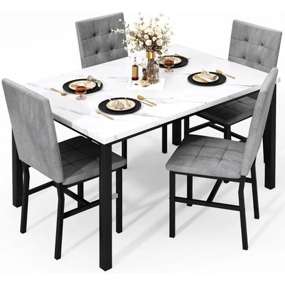 Dining Table Set For 4,Faux Marble Kitchen Table And Chairs Of 4, Modern Dining Room For 4,Dinner Table With Ve