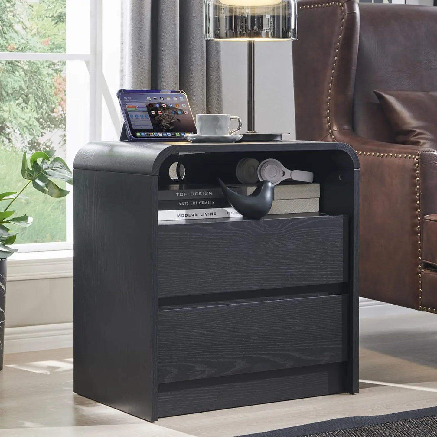 Modern Nightstand With Charging Station And Two Storage Drawers