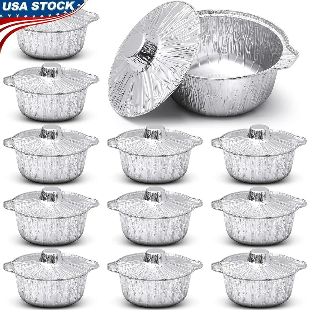 12 Pcs Disposable Aluminum Pots with Lids Round Foil Containers Multi Use Cookware Camping Outdoor Cooking Baking Heating