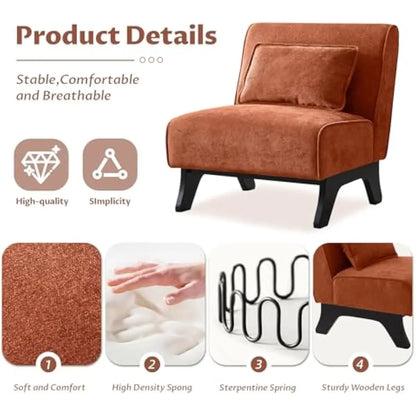 Upholstered armless lounge chairs set of two – wood frame construction with high-density foam cushioning and integrated back pil