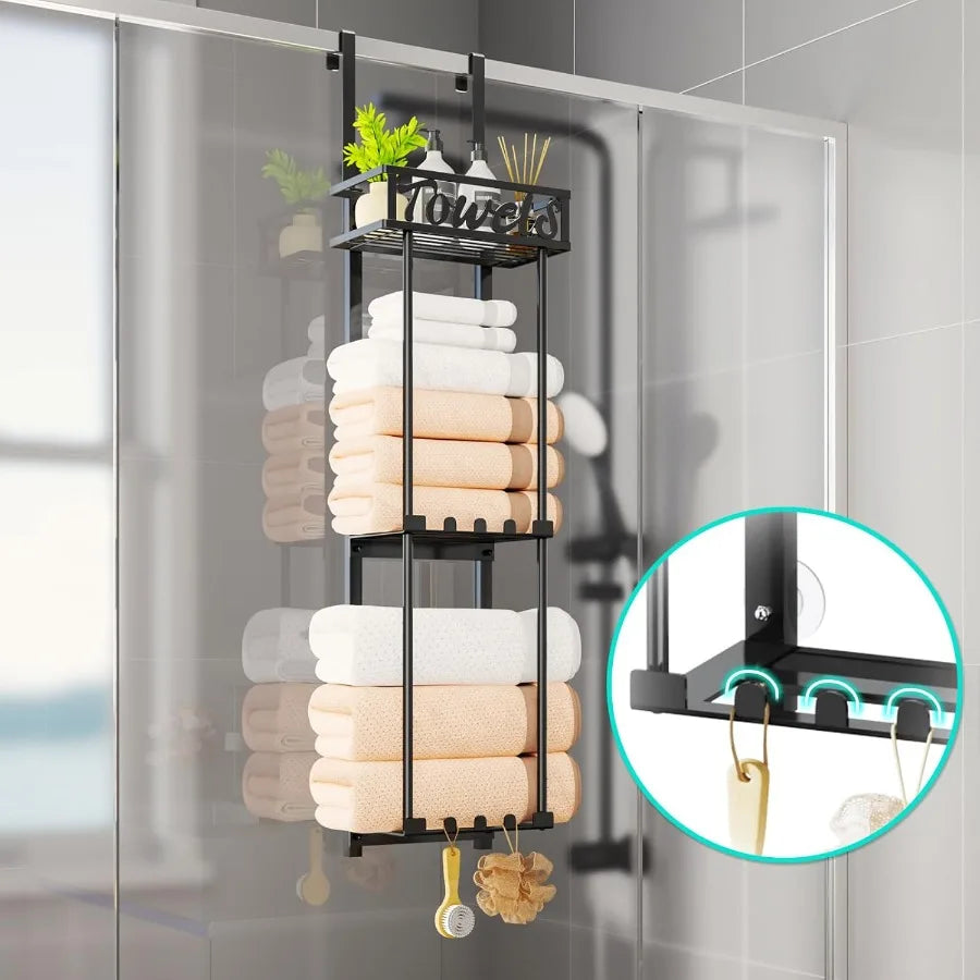 Towel Rack Bathroom Storage - 3 Tier Over The Door &amp; Wall Mounted Rolled Towel Racks Holder Organizer With Metal Shelf An
