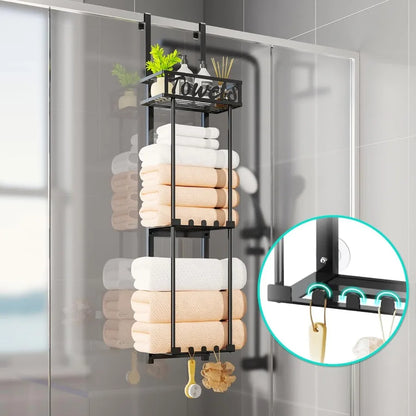 Towel Rack Bathroom Storage - 3 Tier Over The Door &amp; Wall Mounted Rolled Towel Racks Holder Organizer With Metal Shelf An