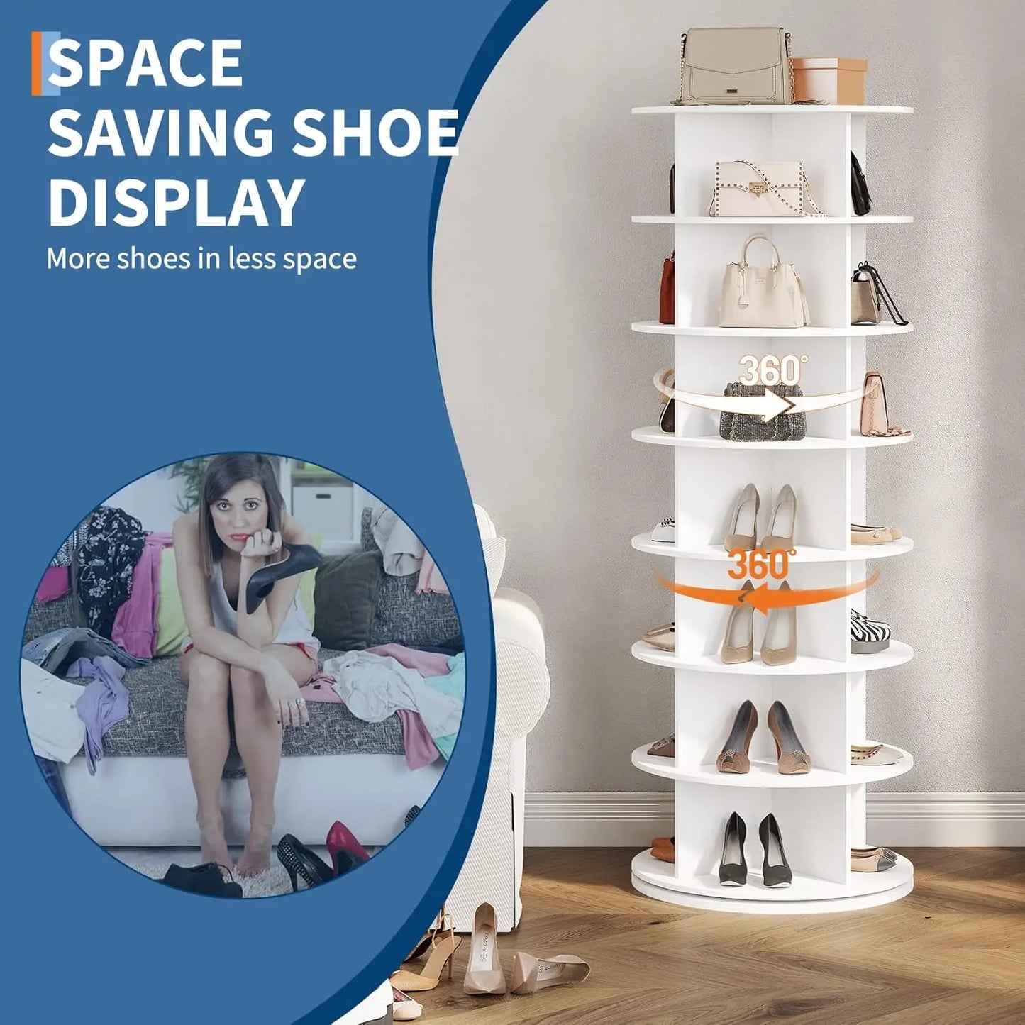 7 Tier Rotating Shoe Rack Tower, Free Standing Spinning Shoes Organizer, 360°Revolving Vertical Spinning Shoe Display