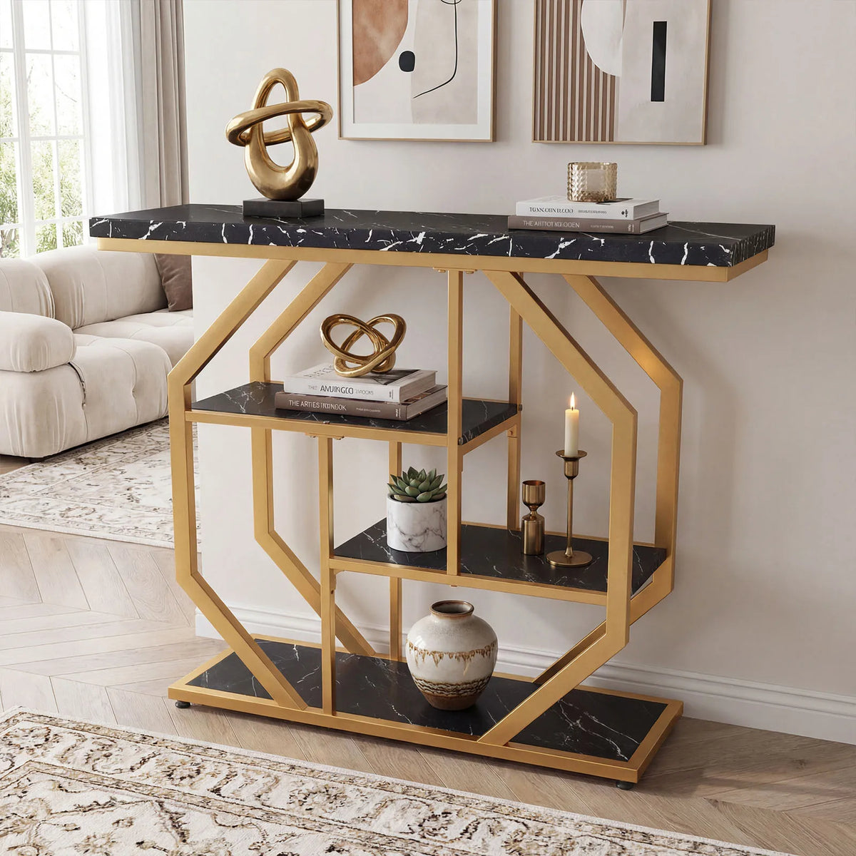 HOMASIS Console Table With Storage Shelves And Geometric Metal Frame