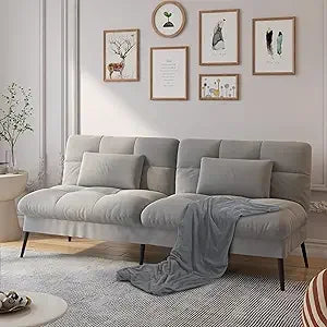 Convertible Futon Sofa Bed, 68" Corduroy Futon Couch with Adjustable Backrest, Folding Loveseat for Living Room, Bedroom (Cream