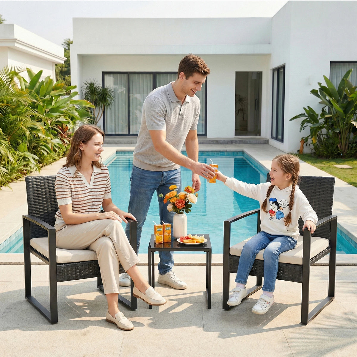 3-Piece PE Rattan Patio Bar Set, Outdoor Bar Height Bistro Table and 2 Stools with Tempered Glass Tabletop, Weather Resistant Wicker Patio Furniture Set, Modern Conversation Bar Set for Garden Balcony Backyard