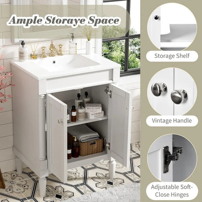 24 Inch Bathroom Vanity with Single Sink Combo Set, Modern Bathroom Storage Cabinet with Double Soft Closing Doors, Solid Wood F