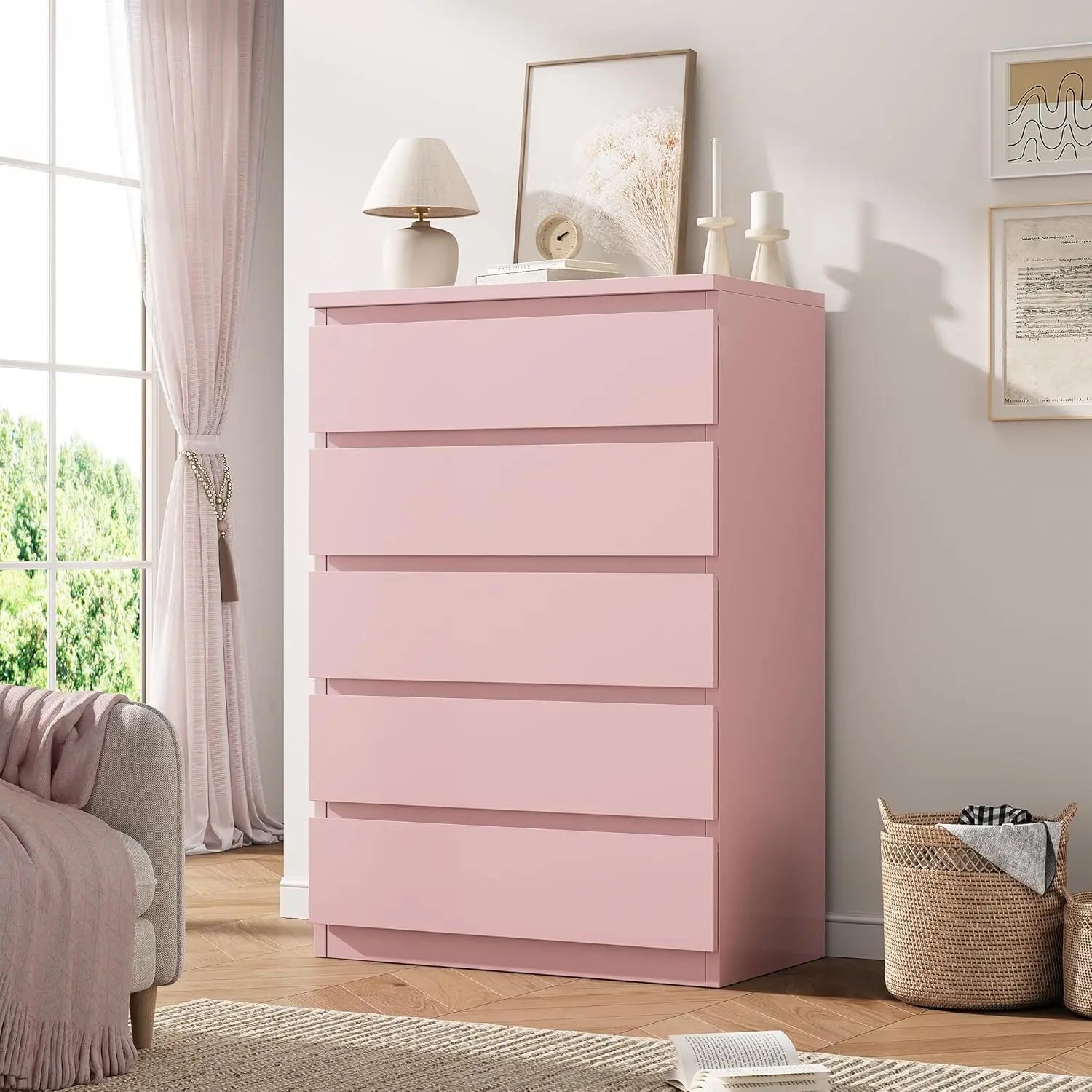 Pink 5 Drawer Dresser for Bedroom, 15" D x 23.7" W x 40.4" H in Modern Chest of Drawers, Wood Storage Dresser with Handleless