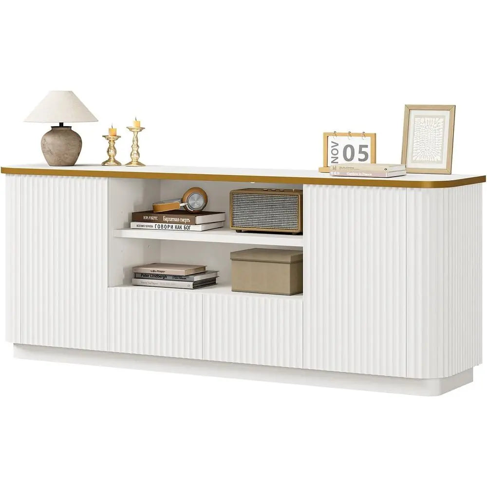 Modern Fluted Wood TV Stand With Storage Drawers And Cabinets