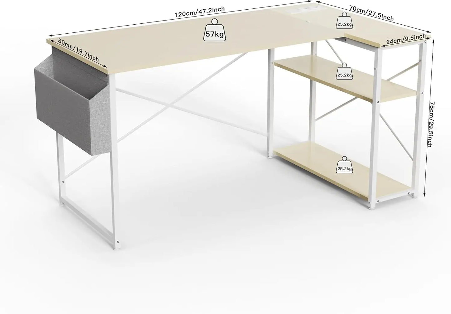 L-Shaped Computer Desk With Power Outlets And Reversible Shelves