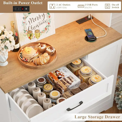 71" LED Pantry Cabinet with Power Outlet, Tall Kitchen Hutch Storage Cabinet with Microwave Stand &amp; 6 Door Shelves,, Customized