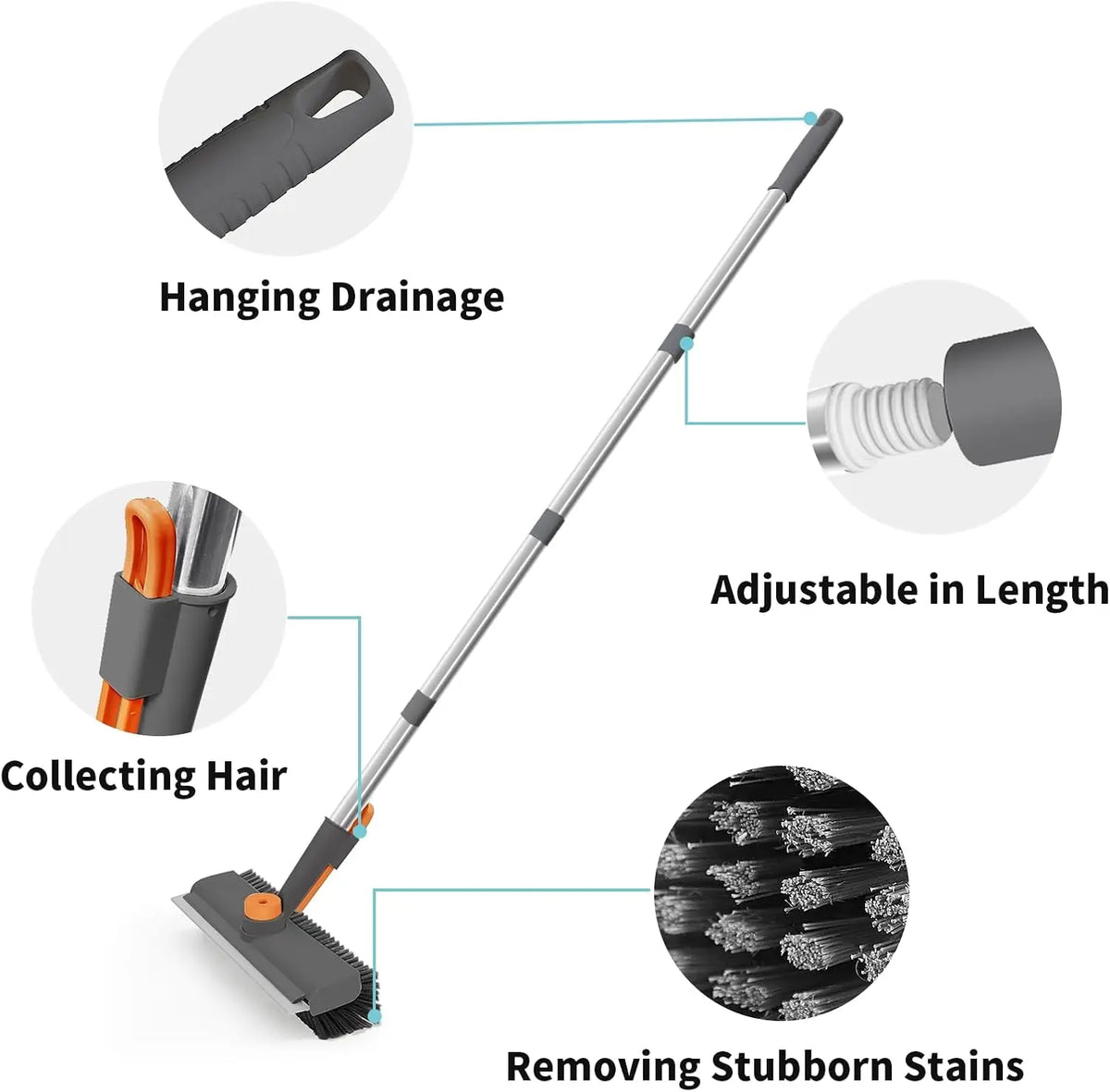 AIR U+ Floor Scrub Brush with Long Handle, 3-in-1 Rotating Head &amp; Squeegee | Stiff Dual-Sided Bristles for Shower, Bathroom, Kitchen and Patio, 30–50 In Handle for Easier Stand-up Cleaning, Gray