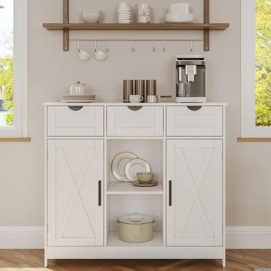 Cabinet, Coffee Bar Cabinet with 2 Adjustable Shelves, 3 Drawers, and 2 Doors, for Bathroom, Kitchen, Living Room White