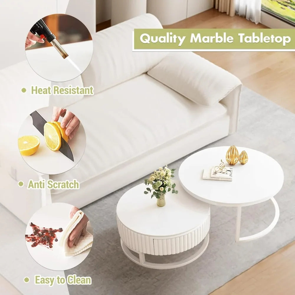 Round Marble Coffee Table with Storage Round Nesting Coffee Table Set of 2 Modern White Coffee Tables for Living Room Coffee Tab