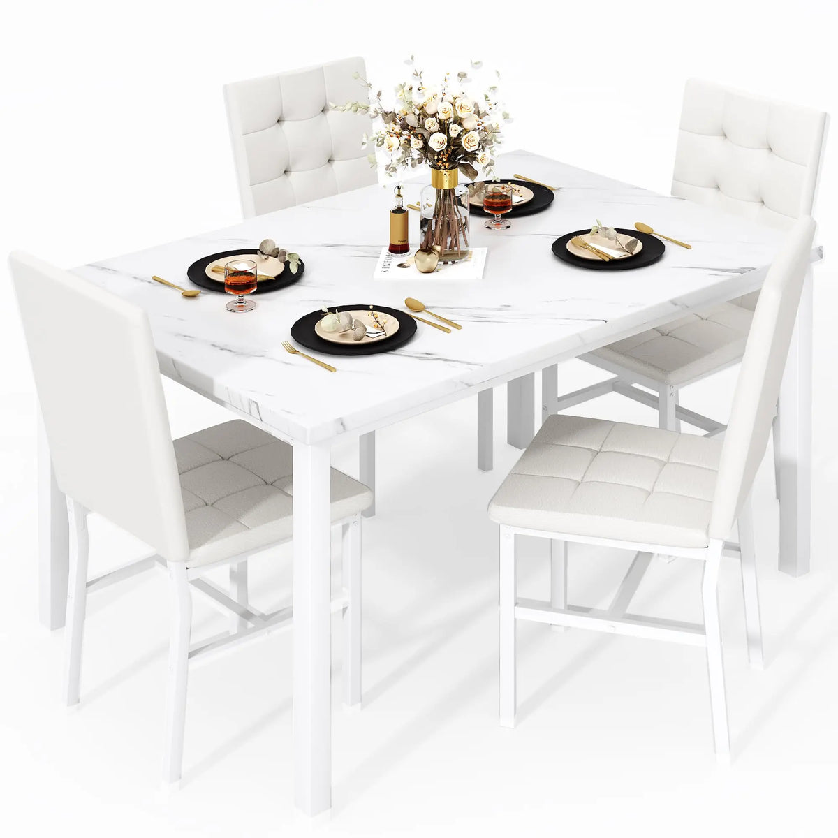 Dining Table Set For 4,Faux Marble Kitchen Table And Chairs Of 4, Modern Dining Room For 4,Dinner Table With Ve