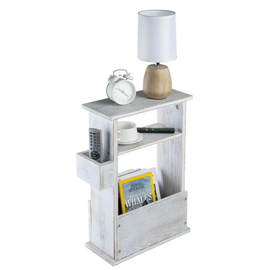 Wide Side Table, Slim End Sofa Table in Whitewashed Wood with Storage Shelf, Magazine and Remote Holder, Narrow Side Table