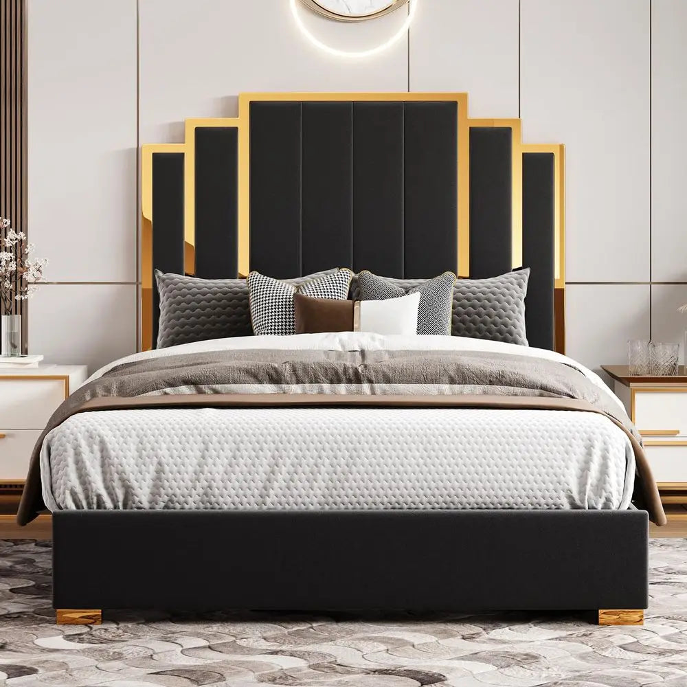 Queen Size Bed Frame and 61 Headboard, Upholstered Bed with Golden Plating Trim, Modern Platform Bed No Box Spring Needed, Blac