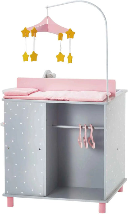 6-in-1 Wooden Baby Doll Changing Station with Crib, Table, High Chair, Closet, Sink and Washing Machine